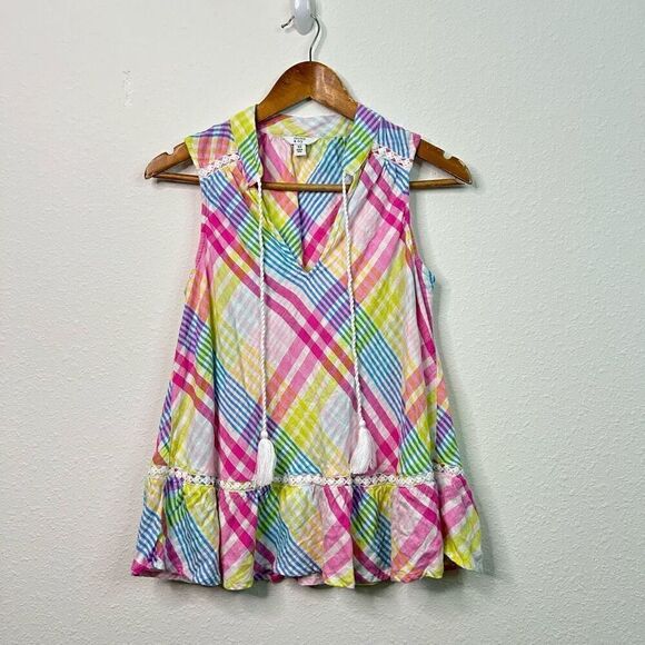 Crown & Ivy Multicolor Ruffle Striped Sleeveless Linen Blend Tank Top Women’s XS - Picture 1 of 12